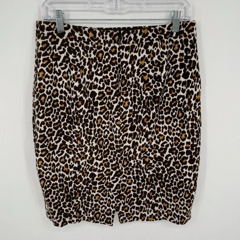 J Crew Women's Brown Multi Leopard Animal Print Linen Cotton Pencil Skirt Size 6